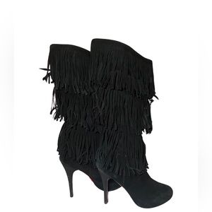 CHRISTIAN LOUBOUTIN BLACK SUEDE BOOTS WITH FRINGES